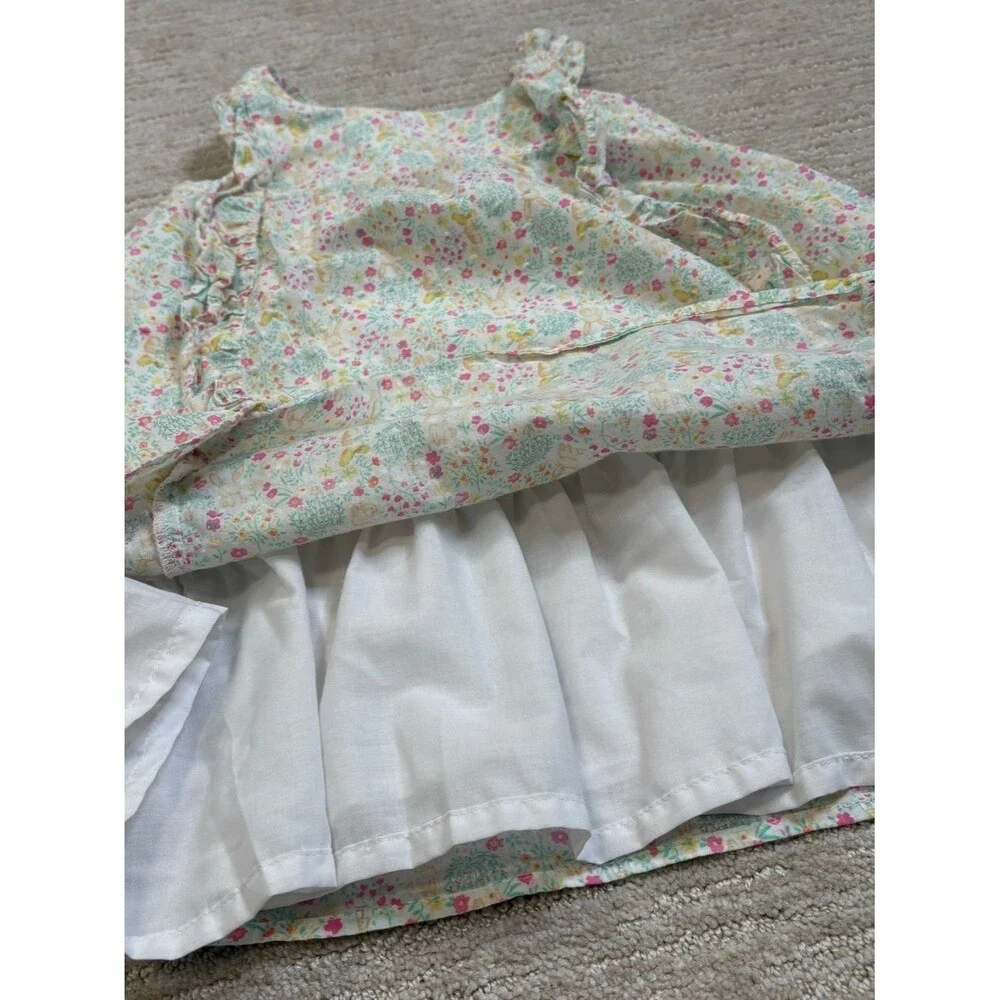 Shabby Chic Floral Bunny Pinafore Ruffle Dress Girls Size 6 Swiss Dot Sundress